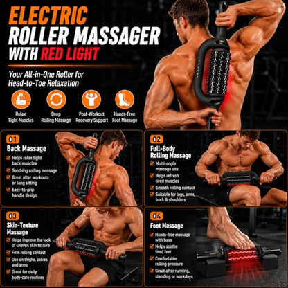 Electric Roller Massager with Red Light, Rechargeable 4000mAh 6-Speed Rolling Body Roller for Lymphatic Massage, Muscle Recovery, Cellulite & Lipedema Massage for Legs, Arms, Back, Feet