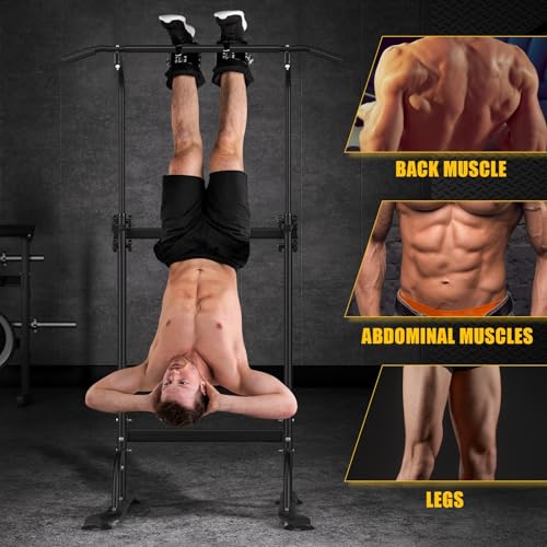 Power Tower Pull Up Bar, Workout Dip Station for Home Gym, Portable Pull-up Bar Station Station with 10 Gears Adjustment, Strength Training Fitness Equipment, Bearing 330LBS Black
