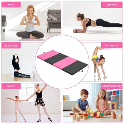 ZENOVA Gymnastics Mat 6'x3'x2''/4'x8'x2'' Exercise Mat Gym Mat for Home Aerobics Workout Foldable Tumbling Mat Children Gifts - color: 3FT x 6FT-- Pink&Black