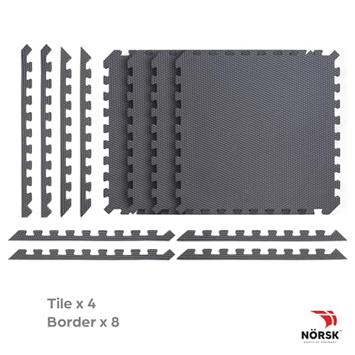 Reversible Exercise Mats 3/4" Thick EVA Interlocking Foam Tiles, Perfect Home Gym Flooring, 4 Tiles & 8 Trim Pieces, 16 Sq. Ft. 24"x24", Gray/Black