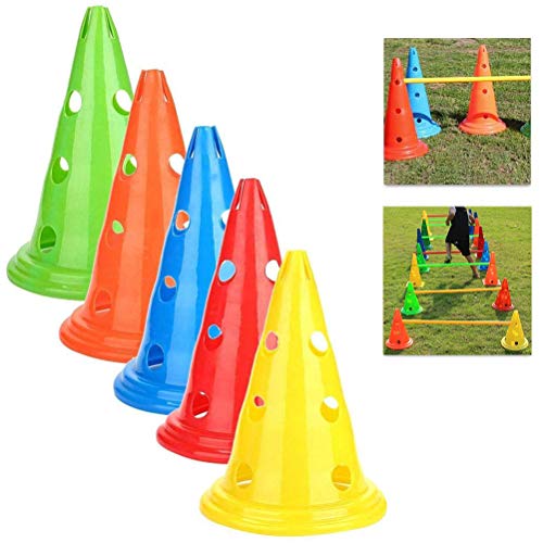 Football Training Cones, 5 Pieces Bright PE Agility Cones with Holes for Football Practice Obstacle Course Indoor Outdoor Speed Training Red Yellow Blue Green Orange