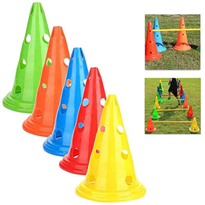 Football Training Cones, 5 Pieces Bright PE Agility Cones with Holes for Football Practice Obstacle Course Indoor Outdoor Speed Training Red Yellow Blue Green Orange