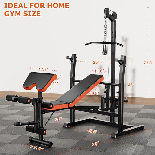 9-in-1 Adjustable Olympic Weight Bench with Lat Pulldown, Row, Squat Rack & Leg Curl – Multi-Function Strength Training Bench Press for Home Gym Full Body Workout