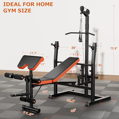 9-in-1 Adjustable Olympic Weight Bench with Lat Pulldown, Row, Squat Rack & Leg Curl – Multi-Function Strength Training Bench Press for Home Gym Full Body Workout