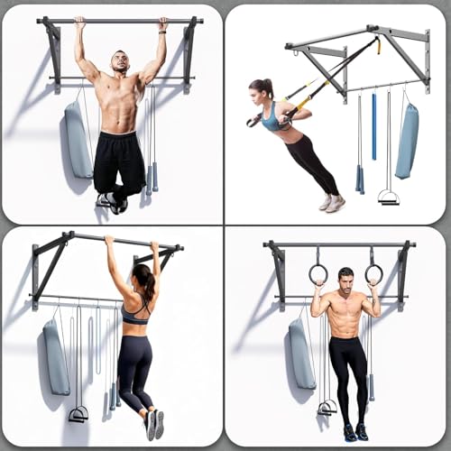Wall Mounted Pull Up Bar, Strength Training Chin Up Bar for Doorway and Wall Mount with Hooks, Adjustable Depth Pull-up Bar with 500LBS Weight Capacity, Heavy Duty Gym Home Training