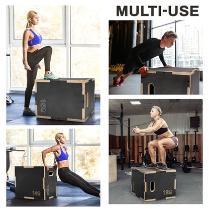 Signature Fitness 16" x 14" x 12" Non-Slip Wooden Plyo Box Jump Exercise Platform, Plyometric Workout Equipment for Home Gym, Training Step Box, Gray - size: 12x14x16"
