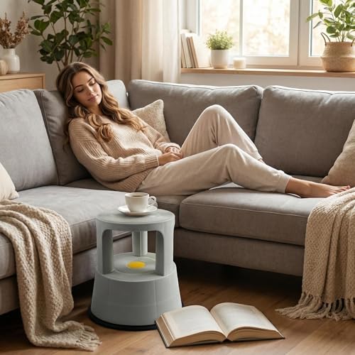 Rolling Step Stool with Wheels, 330lbs Capacity, Non-Slip Platform & Retractable Casters,Round Kick Stool for Library,Kitchen,Office,Garage,Portable for Adults/Seniors/Kids（LightGray）