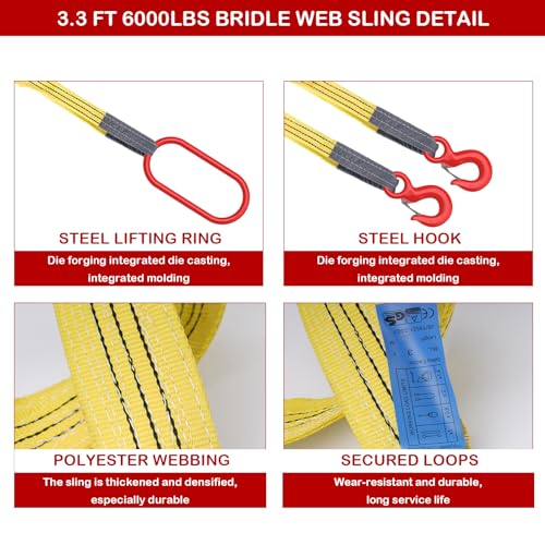Lifting Slings Straps with Hooks, 3.3 Feet Two Leg Bridle Web Sling, 13227 Pounds Capacity, Polyester Webbing Rigging Straps for Engines, Cranes, Hoists