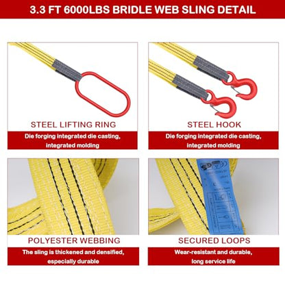 Lifting Slings Straps with Hooks, 3.3 Feet Two Leg Bridle Web Sling, 13227 Pounds Capacity, Polyester Webbing Rigging Straps for Engines, Cranes, Hoists