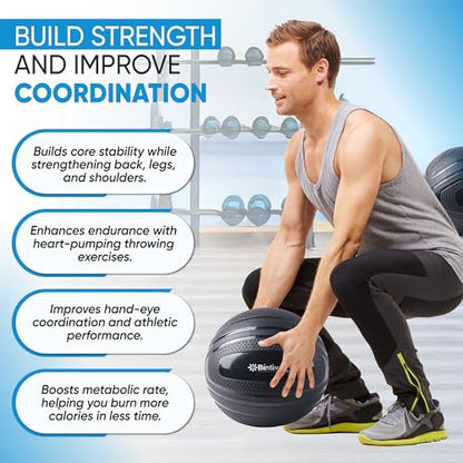 bintiva Non Bounce Slam Ball - Exercise Weighted Deadball for Workout and Fitness Routines - Medicine Dead Weight Ball - color: Black SET - 10 15 20 25 30 LBs