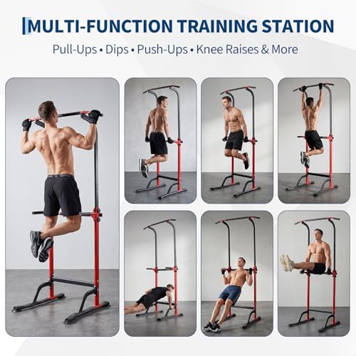 Power Tower Home Gym Strength Training Station Adjustable 10 Height Levels, Heavy-Duty Chin-Up Tower with Parallel Dip Handles, Bodyweight Workout Equipment for Pull-Ups, Dips, Knee Raises, Push-Ups, 330 Lb Capacity