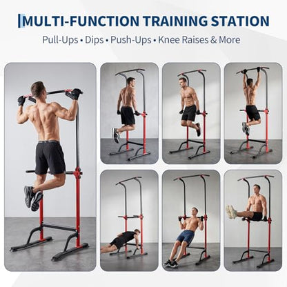 Power Tower Home Gym Strength Training Station Adjustable 10 Height Levels, Heavy-Duty Chin-Up Tower with Parallel Dip Handles, Bodyweight Workout Equipment for Pull-Ups, Dips, Knee Raises, Push-Ups, 330 Lb Capacity