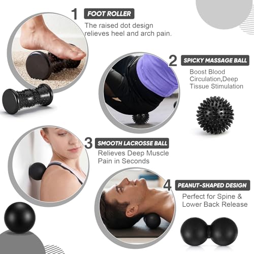 6 Pack Massage Ball & Foot Roller with Spiky Lacrosse Peanut Massage Roller for Muscle Foot Arch Pain Deep Tissue Relieve Plantar Fasciitis