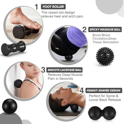 6 Pack Massage Ball & Foot Roller with Spiky Lacrosse Peanut Massage Roller for Muscle Foot Arch Pain Deep Tissue Relieve Plantar Fasciitis