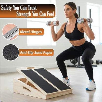 Wooden Slant Board for Exercise, Adjustable Slant Board Wide for Legs, Knees & Ankle Stretching, 450 Lbs Weight Capacity, Wooden Calf Stretch Board with Side Support & Top Handle