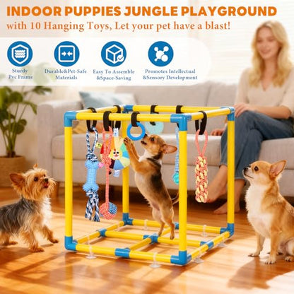 WLLEYAY Puppy Play Gym for Small Dogs 10 Hanging Toys,Interactive Dog Toys | Removable Indoor Jungle Gym,PVC Frame With Adjustable Bungee Straps, Interactive Tug Toys,Dogs Rope Toy To Keep Them Busy - color: Yellow & Blue