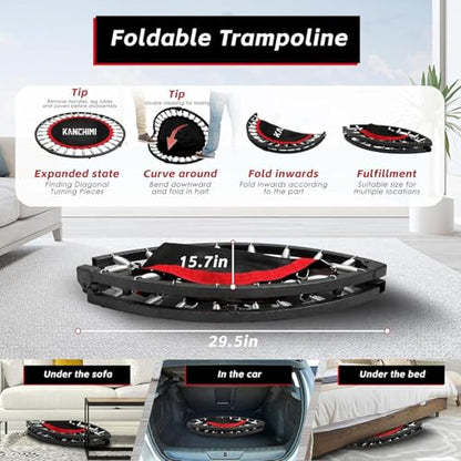 550 LBS Foldable Mini Trampoline, 40" Fitness Trampoline Without armrests/U Shape Adjustable Foam Handle, Stable&Quiet Exercise Rebounder for Adults Indoor/Outdoor Workout (red, 40 inch)
