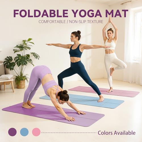 Foldable Yoga Mat Thick Non-Slip Exercise Mat - Packable Travel Fitness Mat with Carrying Bag for Yoga, Pilates, Workout, Home & Gym - color: purple