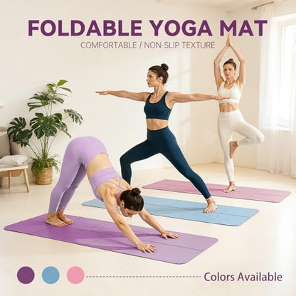 Foldable Yoga Mat Thick Non-Slip Exercise Mat - Packable Travel Fitness Mat with Carrying Bag for Yoga, Pilates, Workout, Home & Gym - color: purple