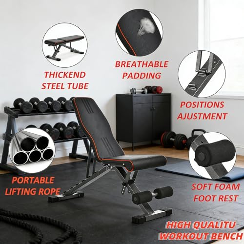 Adjustable Weight Bench for Bench Press, Heavy Duty Stable Workout Bench Foldable Weight Benches for Home Gym, Incline/Decline 90 Degree Bench Exercise Bench