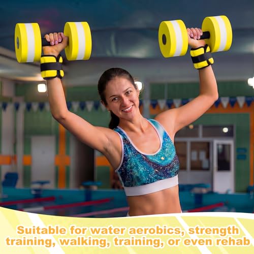 Hollowfly Water Aerobics Set, 4 Piece Pool Exercise Kit (2 Aquatic Dumbbells + 2 Ankle/wrist Weights), EVA Foam, Low-impact Workout - color: Neon Yellow, size: 1lb
