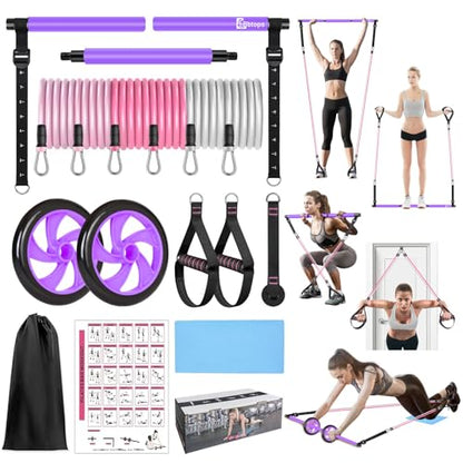 Pilates Bar Kit with Resistance Bands,Ab Roller,2 in 1 Foot Strap & Handle,Door Anchor Pilates Equipment with Resistance Bands, Portable Home Gym Yoga Fitness Bar for Women & Men