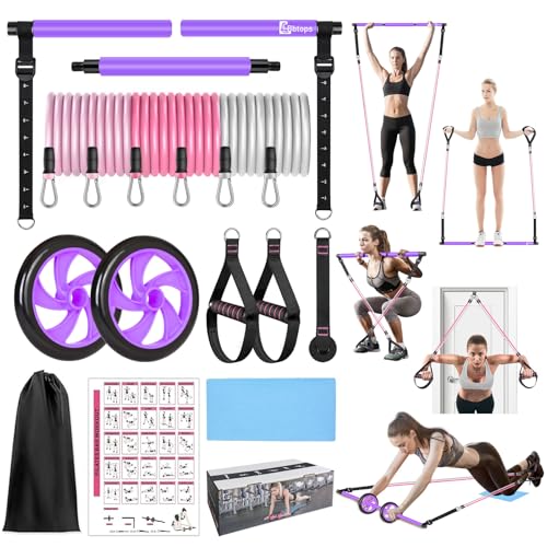 BBTOPS Pilates Bar Kit with Resistance Bands,Ab Roller,2 in 1 Foot Strap & Handle,Door Anchor Pilates Equipment with Resistance Bands, Portable Home Gym Yoga Fitness Bar for Women & Men