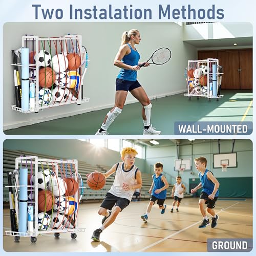 Rolling Sports Ball Storage Cart, Large Capacity Sports Equipment Organizer Garage Ball Organizer with Bat & Racket Holder, Heavy-Duty Sports Equipment Rack with Wheels for Garage Home & Gym (White)