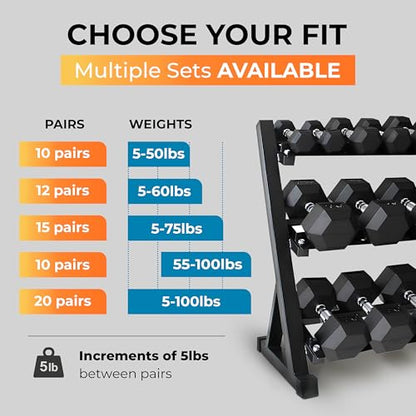 Rubber Hex Dumbbell Set with Rack, 8/10/12/15/20 Pair (450/550/780/1200/1550/2100 lbs total) Weight Rack with Dumbbells for Home Gym & Strength Training - color: (5-60 LB) 780 LBS Dumbbells with Rack