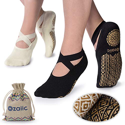 Ozaiic Pilates Socks for Women Non Slip Grip Yoga Barefoot Indoor Workout - color: Black/ Beige -2p（1st Anniversary Edition）
