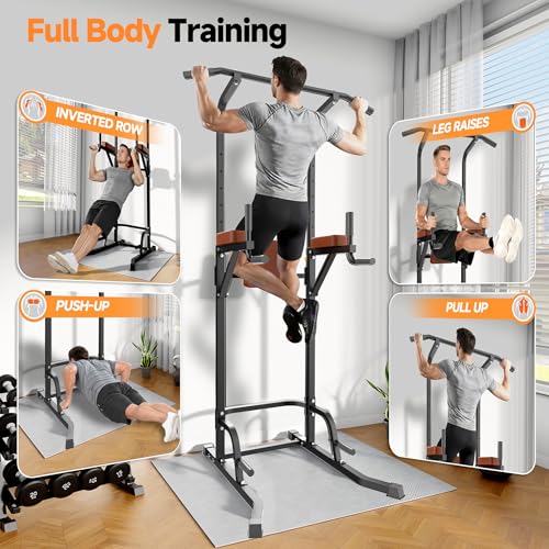 Power Tower Pull Up Station, Dip Station with Stable H-Shaped Base, Adjustable Height for Pull-Ups, Dips, Knee Raises & Calisthenics Training - color: Black/Brown