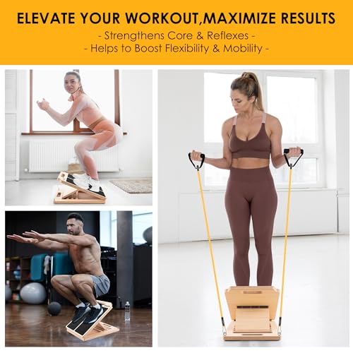 Wooden Slant Board for Calf Stretching, Adjustable Portable Incline Board with 10 - pound Pull Rope, Comes with Training Poster, 300 Lbs Weight Capacity for Leg, Knees and Ankle Stretching