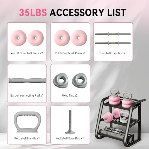 4‑in‑1 Adjustable Weights Set, Dumbbell Barbell & Kettlebell for Home Gym - color: Pink-35 LB