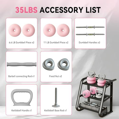 4‑in‑1 Adjustable Weights Set, Dumbbell Barbell & Kettlebell for Home Gym - color: Pink-35 LB