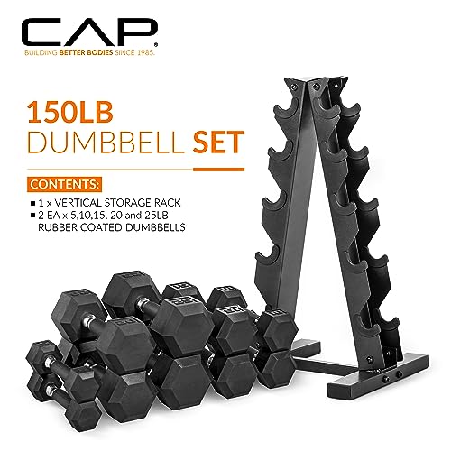 CAP Rubber Coated Dumbbell Weight Set with Vertical Rack | 100 lb, 150 lb, and 210 lb Options - size: 150 lb - Set, style: Comfort Handle
