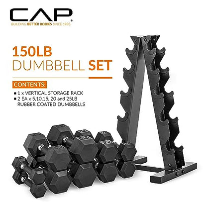 CAP Rubber Coated Dumbbell Weight Set with Vertical Rack | 100 lb, 150 lb, and 210 lb Options - size: 150 lb - Set, style: Comfort Handle
