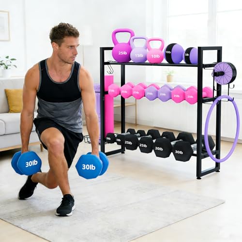 3-Tier Dumbbell Rack with 882 LBS Capacity, Multi-Purpose Weight Rack for Home Gym with Shelf and Movable Hooks, Weight Holder and Home Gym Storage Organizer for Dumbells Kettlebells Yoga Mat