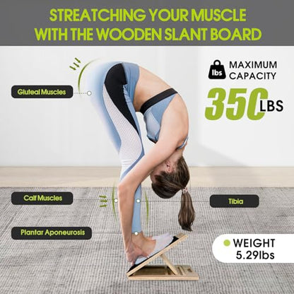 Calf Stretching Slant Board, 5 Adjustable Angles Wooden 350 LBS Non-Slip Portable Therapy Foot Stretcher with Training Poster, Relief Plantar Fasciitis, Achilles, Leg Heel Ankle Pain