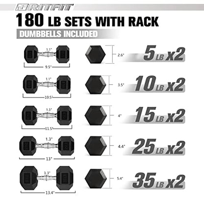 RitFit Rubber Hex Dumbbell Set with Storage Weight Rack - style: 180 LBS (5-35LB)