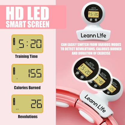 U5 Smart Weighted Hula Hoop with Counter, Waist Trimmer & Wash Bag –16 Knots, 28"–46" Adjustable Infinity Hoop Plus Size, Quiet Rubberized Wheels, Abdominal Toner - color: Pink + Waist Trimmer
