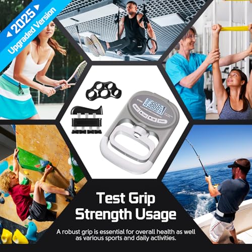 Grip Strength Tester Hand Dynamometer - Grip Strength Trainer Electronic Hand Gripper Strengthener Wrist Exerciser Meter Digital Training Gauge 265 Lbs / 120 Kgs for Sport School Home Use - color: Gray