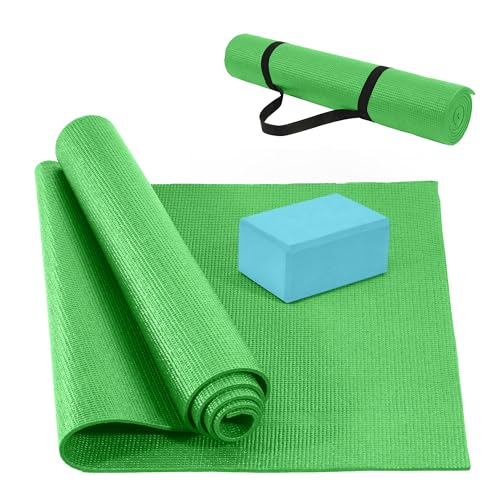Signature Fitness All Purpose 0.25 Inch Thick High Density No Tear Exercise Yoga Mat with Strap & Lightweight Features for Indoor & Outdoor Use, Green