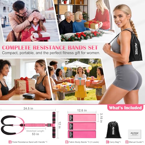 Pedal Resistance Band with Handle and Booty Bands Set for Women, 2 in 1 Fabric Exercise Bands for Core, Leg and Glutes, Full Body Home Gym Exercise Equipment for Yoga, Pilates, Physical Therapy