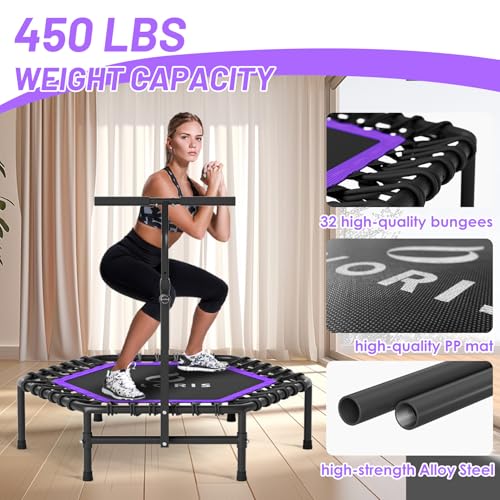 45'' Rebounder Trampoline for Adults - Max Load 450lbs, Trampoline with Adjustable Foam Handle Indoor/Outdoor Fitness Body Exercise - color: Purple