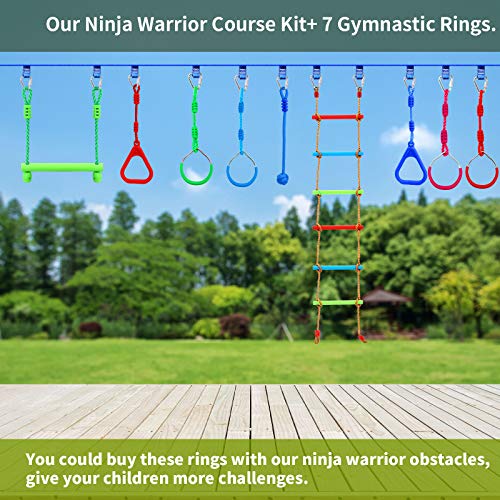 7PCS Colorful Ninja Rings - Gymnastic Rings, Swing Bar Rings, Monkey Rings, Climbing Rings Outdoor Backyard Play Sets Playground Equipment for Ninjaline Obstacle Accessories