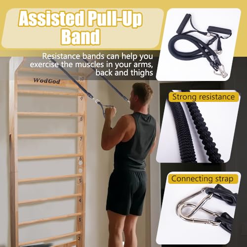 Wood Swedish Ladder with 11 Strategic Rods,Withstands up to 330 lbs,Stall Bar,Include Exercise Straps+Pull-Up Resistance Band+Pull-Up Bar,31.5”*86.6”,Wall Mounted,Stretching and Various Exercises,Indoor Home School Gym Fitness