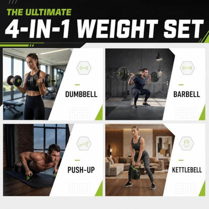 Adjustable Dumbbell Set 44LB, 4-in-1 Free Weight Set with Barbell & Kettlebell & Push-Up Handles, Compact All-in-One Home Gym for Men & Women, Anti-Slip Grip, Quiet Rubber-Coated Plates