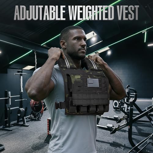 KRYLIX Adjustable Weighted Vest 0-40 lbs with Front Storage Pocket Solid Removable Iron for Muscle Building Workout Secure Waist Fit for Men Man Camo Tactical Military