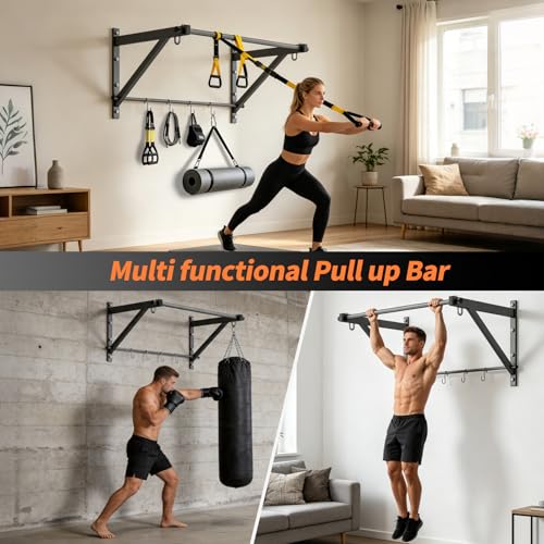 Adjustable Depth Wall Mounted Pull Up Bar 51'' 500LB Heavy Duty Chin Up Bar - size: 35"