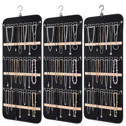 3 Pack Hanging Jewelry Organizer Storage with 48 Pockets and Hooks Dual-Sided Hanging Jewelry Organizers and Storage Hang on Closet, Wall, Door for Earrings, Necklaces, Rings,Blcak - size: Large